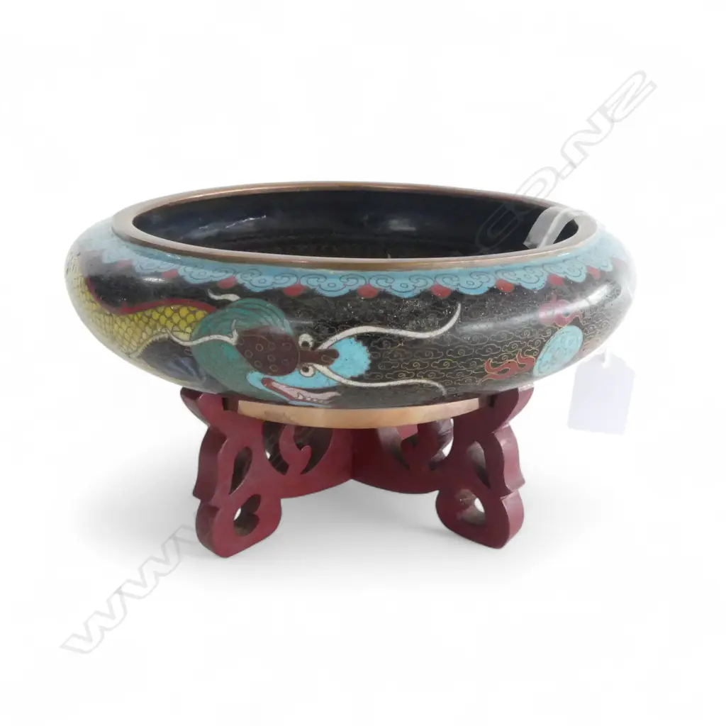 CHINESE CLOISONNE BOWL DRAGON DESIGN, w STAND, Dia.200mm Image 1++