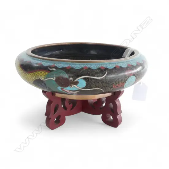CHINESE CLOISONNE BOWL DRAGON DESIGN, w STAND, Dia.200mm