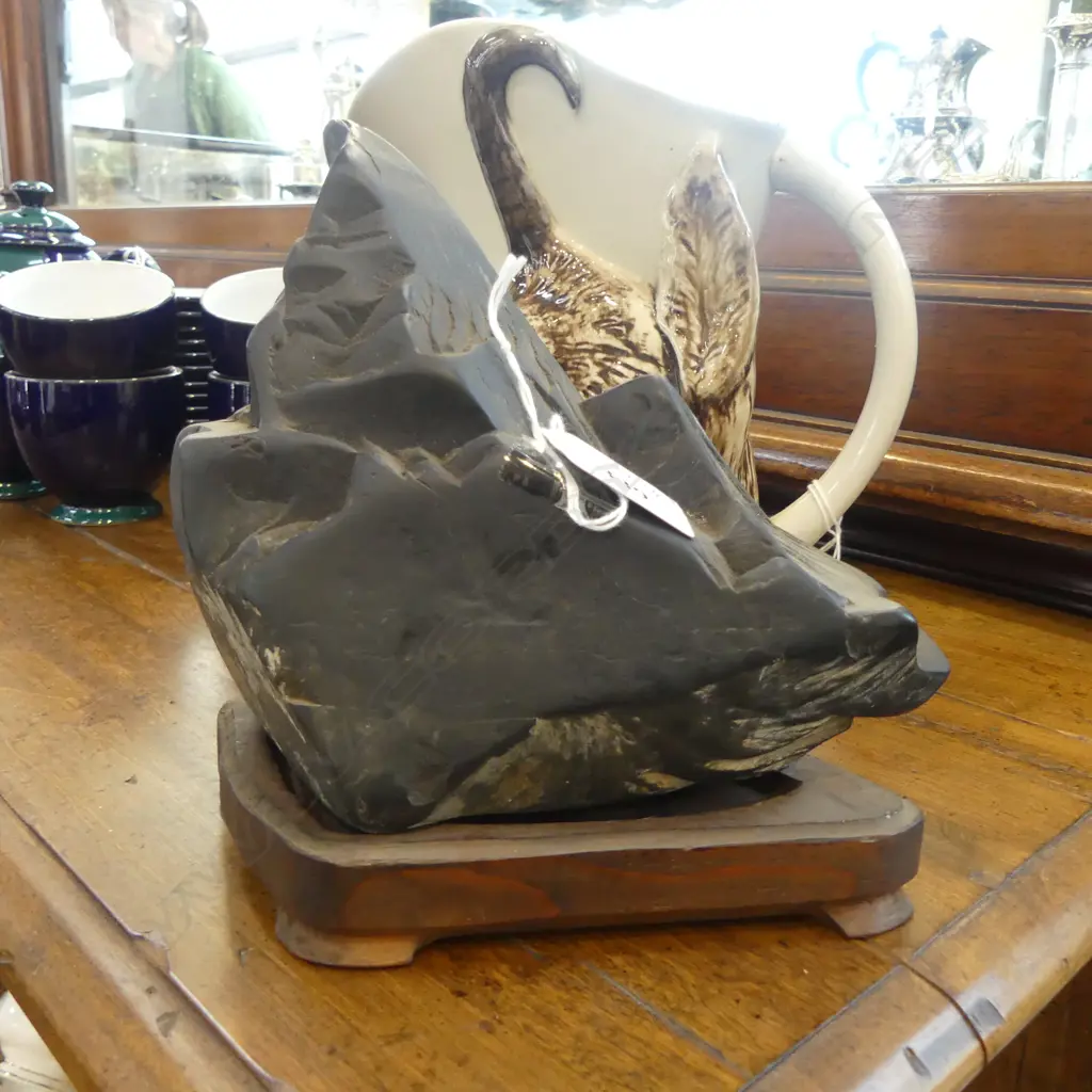 Japanese suikseki bonseki (Nishiki stone) scholars rock. Mountainous peaked form. On stand. H.175mm. Image 1++