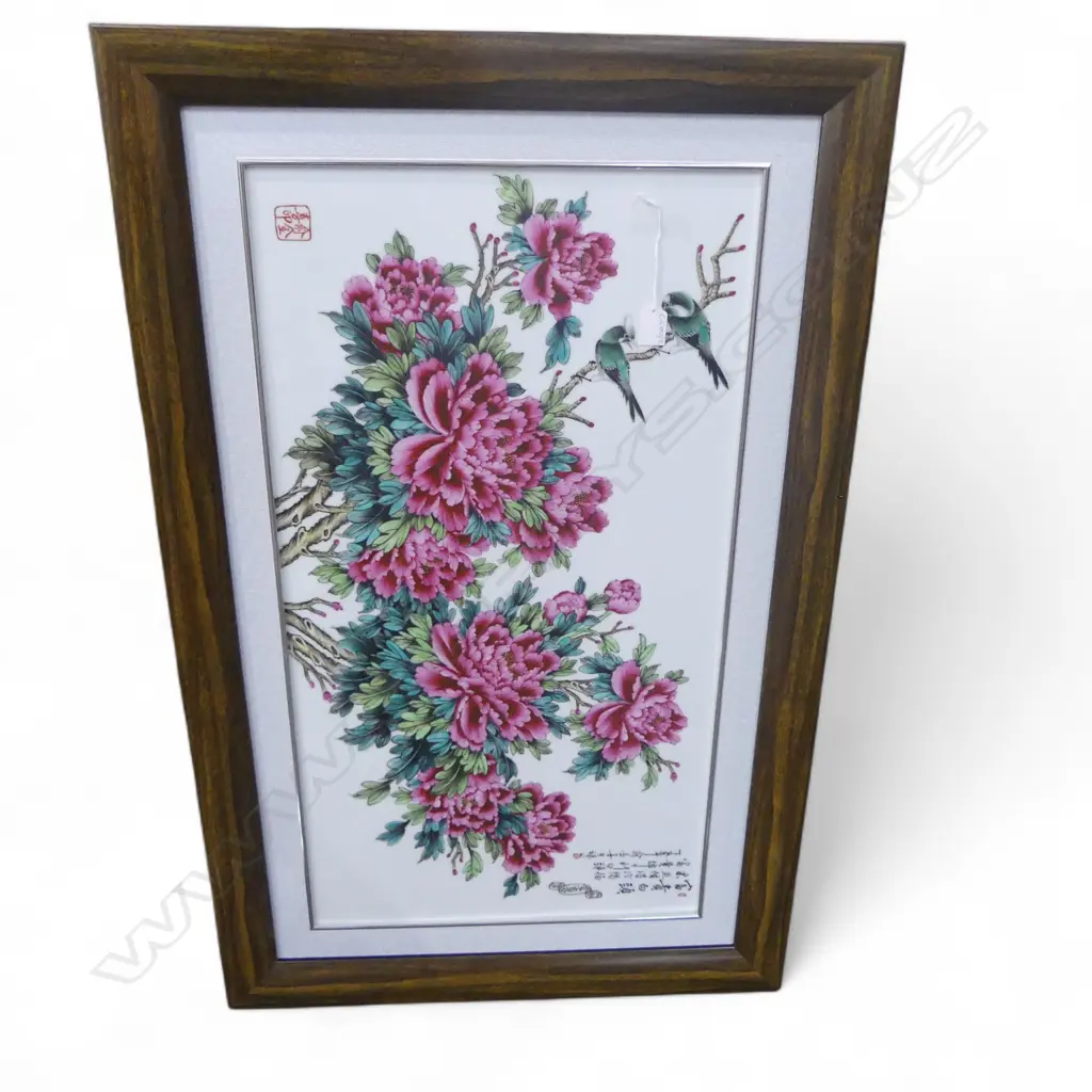 CHINESE ARTWORK, HAND PAINTED FLORALS ON CERAMIC 800x425mm Image 1++