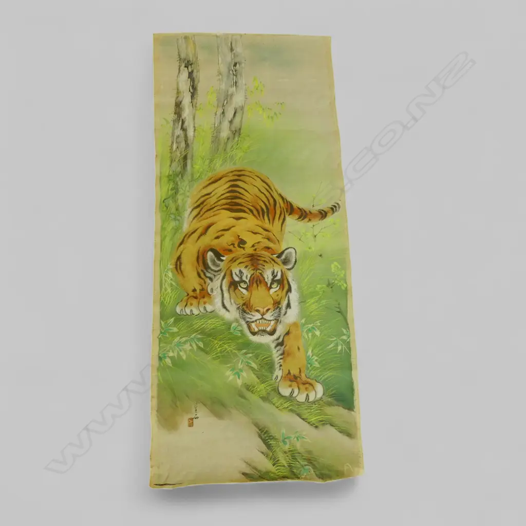 VINTAGE ORIENTAL HANDPAINTED TIGER ON SILK, H.1080 x 450mm Image 1++