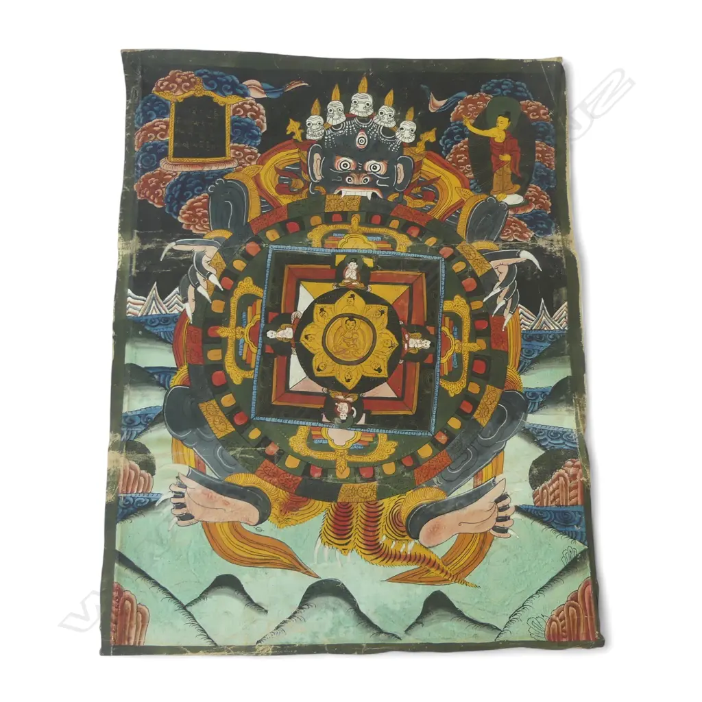 VINTAGE HANDPAINTED TIBETAN MANDALA THANGKA, 560 x 440mm Image 1++