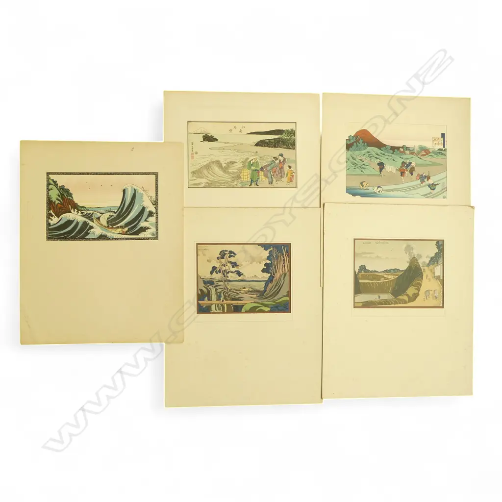 5 UNFRAMED 20thC HOKUSAI UKIYO-E WOODBLOCK PRINTS; Mounted on card, foxing, 210x280mm Image 1++