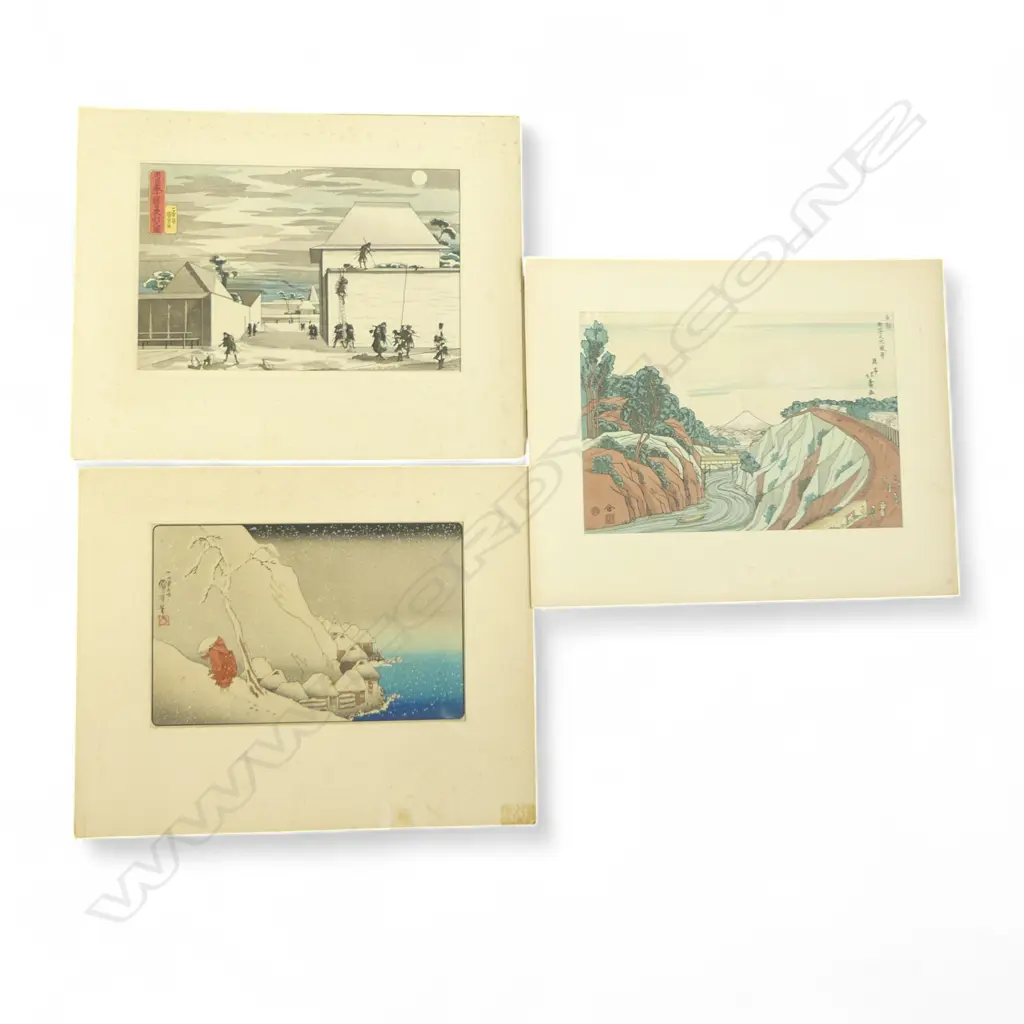 3 UKIYO-E WOODBLOCK PRINTS; 2 KUNIYOSHI PRINTS + SHOTEI HOKUJU 'VIEW OF OCHANOMIZU IN THE EASTERN CAPITAL' 260x370mm... Image 1++