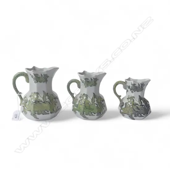 SET OF 3 GRADUATED ANTIQUE MASONS IRONSTONE DRAGON PAT JUGS H160 150 & 140MM