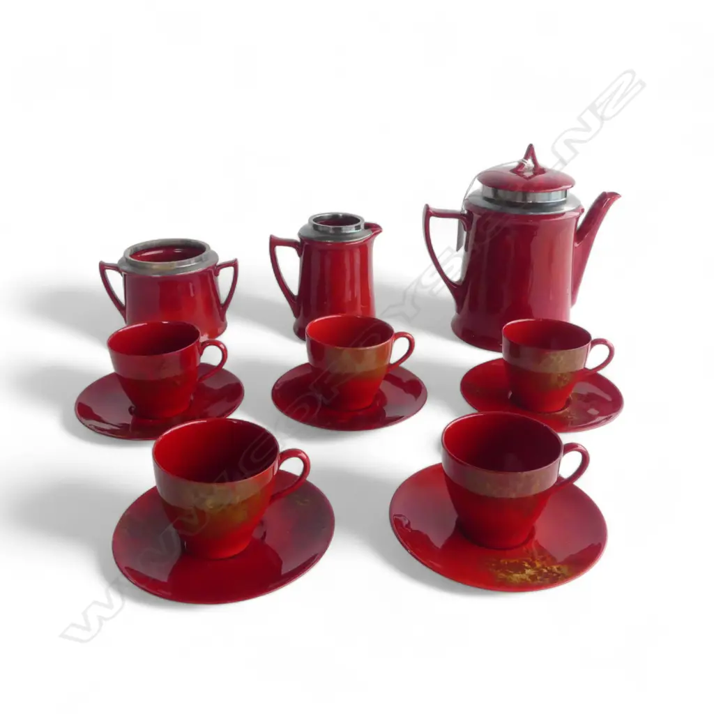 **RTV**  1920's ROYAL DOULTON FLAMBE DEMI-TASSE COFFEE 5 place SET with silver rimmed coffee pot, sugar pot & creamer Image 1++