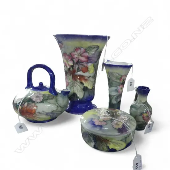 A GROUP OF JAPANESE POTTERY ITEMS INCL TEA POT FLUTED VASE LIDDED CONTAINER tube line decoration after Moorcroft