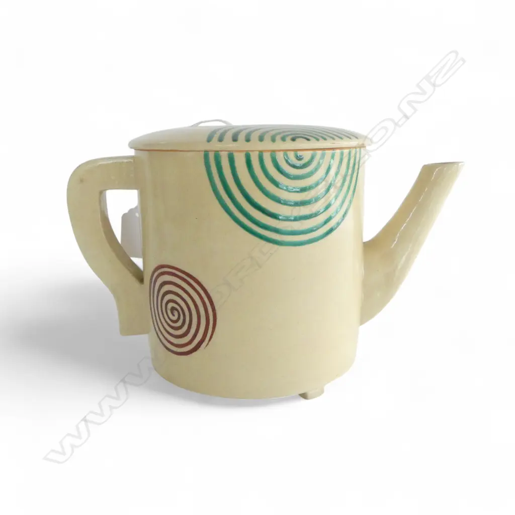 VINTAGE Art Deco JAPANESE CERAMIC LGE TEAPOT cream w coloured spirals H.155mm Image 1++