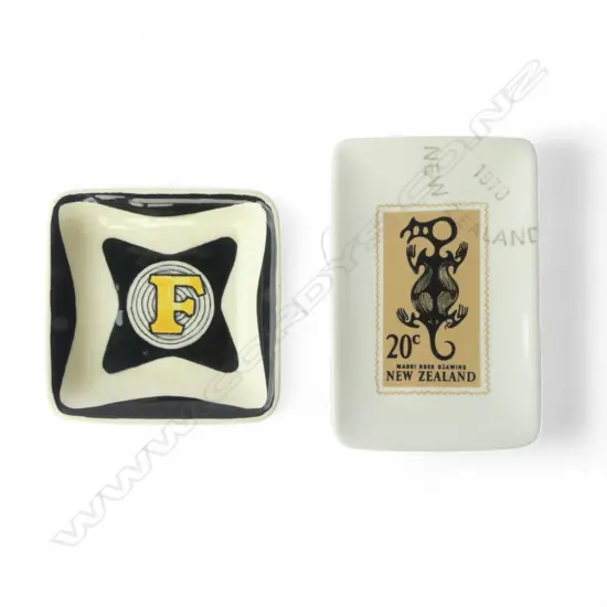 2 CROWN LYNN DISHES; FLETCHERS & MAORI ROCK DRAWING W.135mm