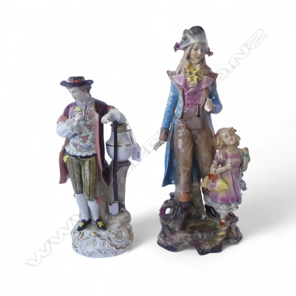 MEISSEN STYLE FIGURINE OF A GARDENER (A/F) AND 20th FIGURINE OF A MAN AND CHILD Image 1++