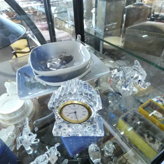 WATERFORD CLOCK H.75mm, SWAROVSKI ELEPHANT + 3 ROYAL COPENHAGEN DISHES W.165mm