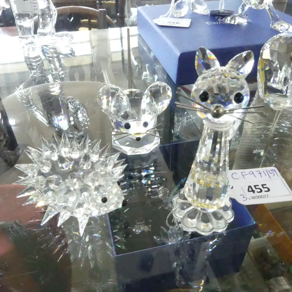3 SWAROVSKI ANIMALS; HEDGEHOG, MOUSE, CAT H.75mm Image 1++