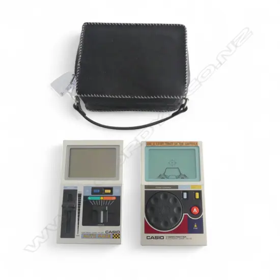 CASIO GAME SET; CG-105 AUTO RACE & CG-110 CDSMD FIGHTER, IN CASE WITH ORIGINAL MANUALS