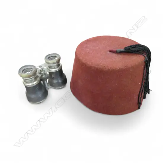 PR VINTAGE BINOCULARS H110 & VINTAGE EGYPTIAN FEZ DIA180MM