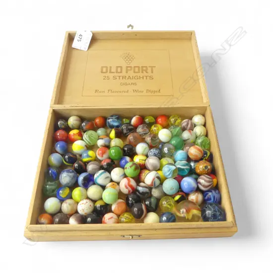 GLASS MARBLES IN CIGAR BOX