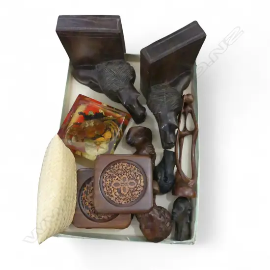 PR EBONY LION BOOKENDS, ASST. AFRICAN CARVED PCS, SET INDONESIAN BRASS FORKS ETC