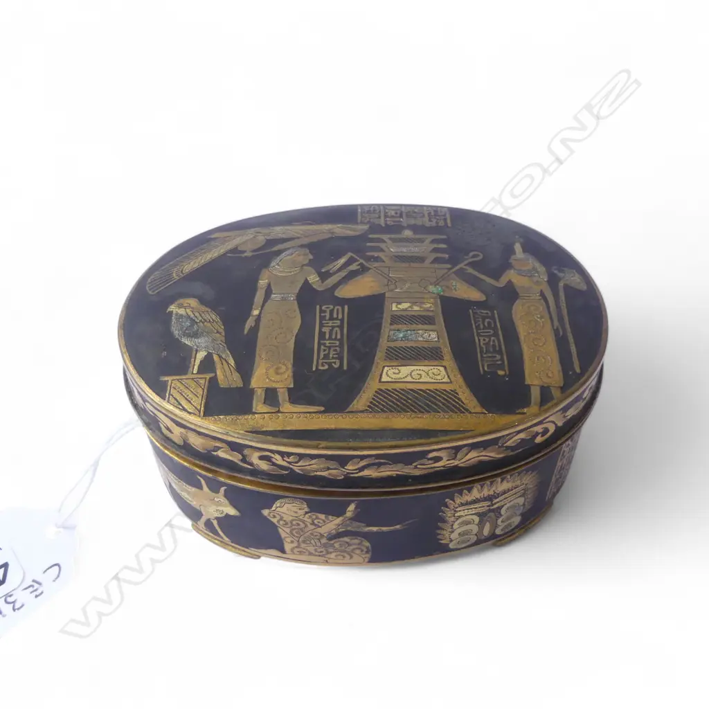 DAMACEN EBONIZED EGYPTIAN METAL TRINKET BOX SIGNED L90MM Image 1++