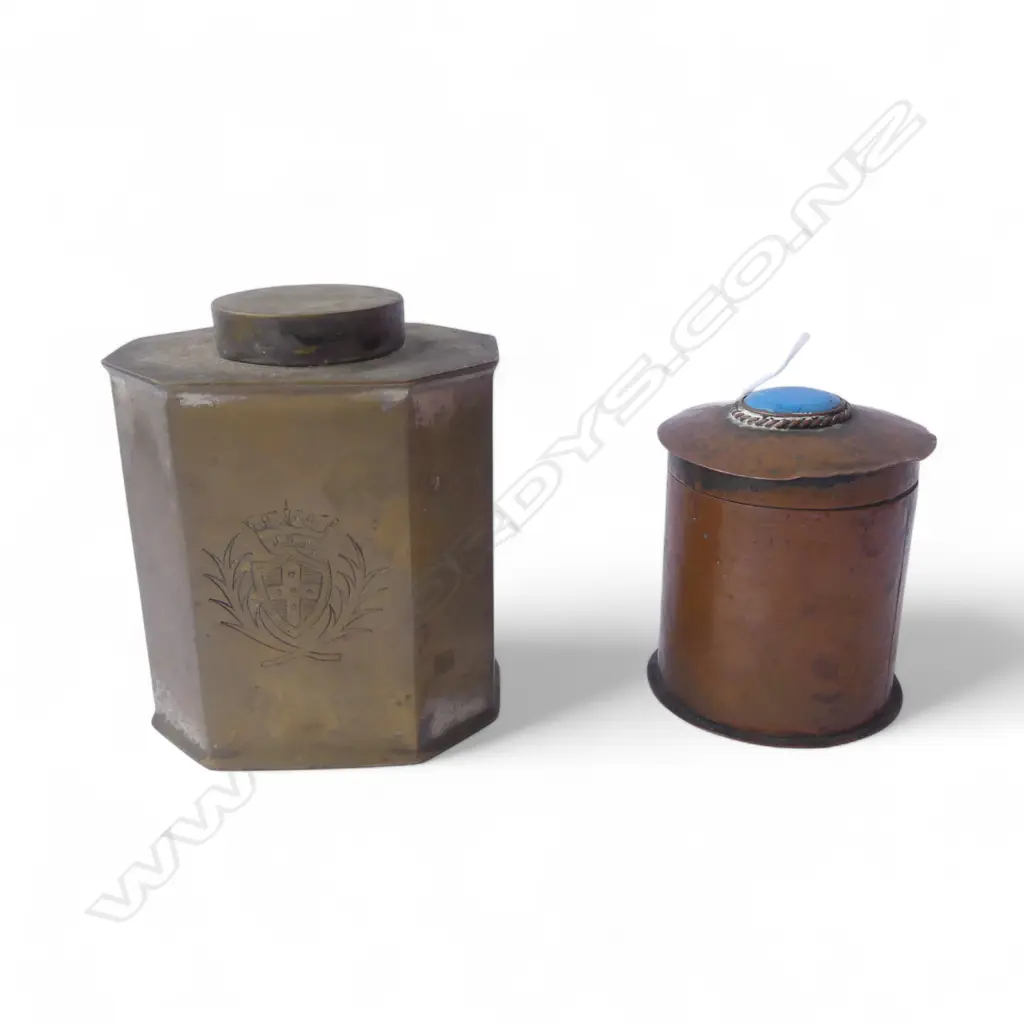 BRASS ARMOURIAL TEA CADDY H120MM & COPPER ARTS & CRAFTS TEACADDY WITH BLUE ENAMAL H120MM Image 1++
