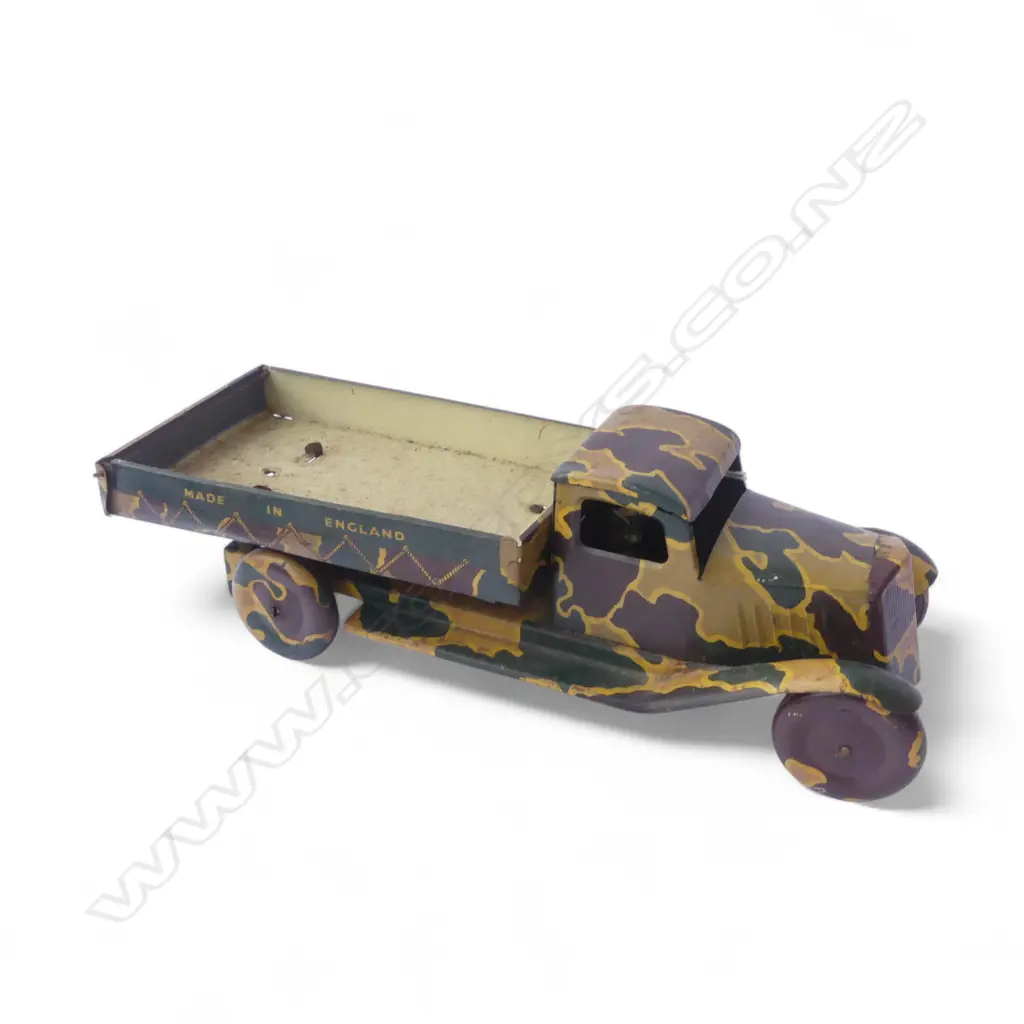 VINTAGE TIN WIND UP CAMO TRUCK L.270mm Image 1++
