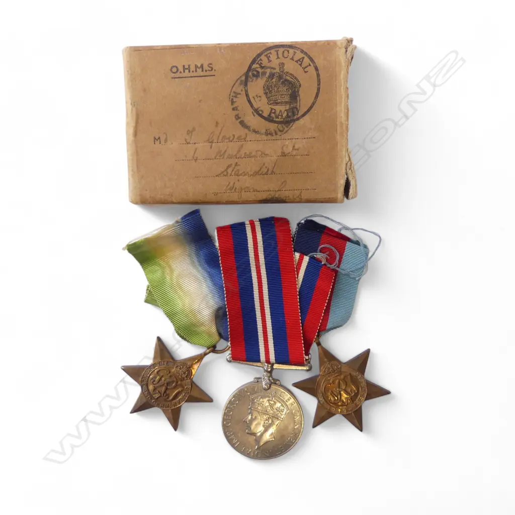 3 WWII MEDALS TO TOMMY GLOVER 1 STD LION + 2 STARS: The France & Germany + The 1939-1945 both w ribbons Image 1++