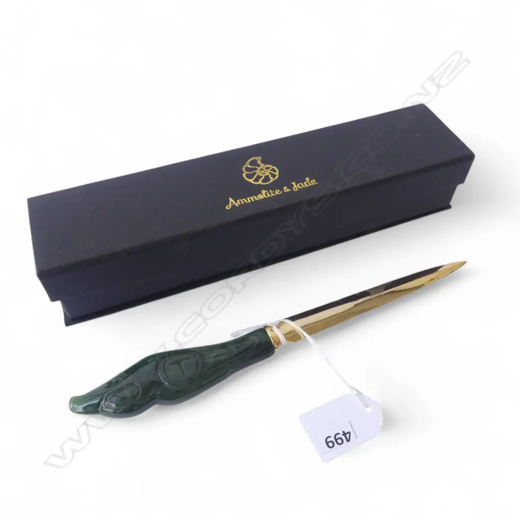 LETTER OPENER w. GREENSTONE HANDLE L.220mm, BOXED Image 1++