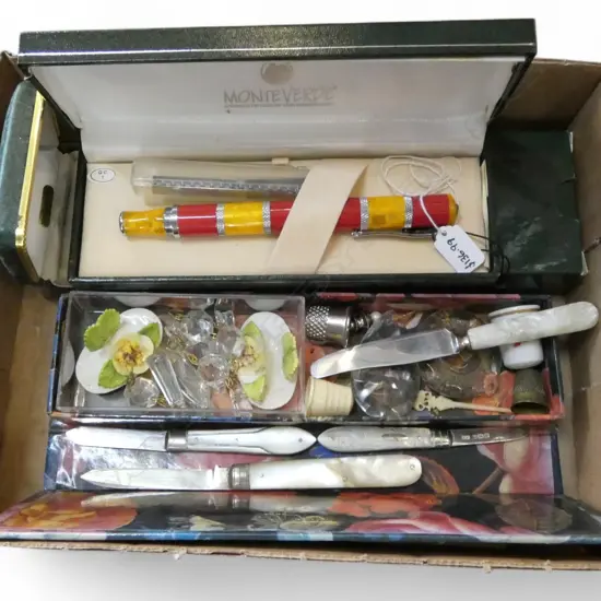 DIAMOND set gold stud + 3 MOP POCKET KNIVES (2 w. STG SILVER BLADES), CASED PEN ETC