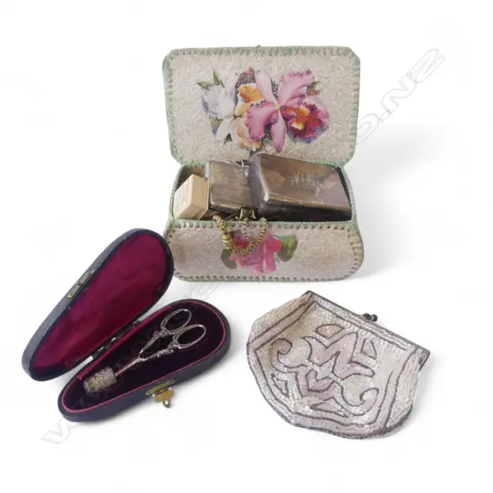 ASST. COSTUME JEWELLERY, CASED STG SCISSORS & THIMBLE, SILVER? BOX ETC
