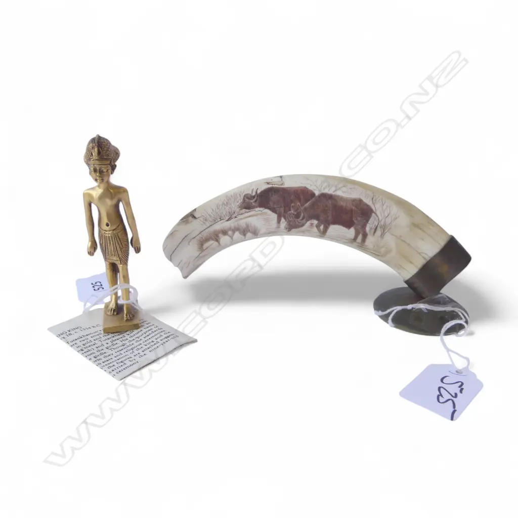  MARINE IVORY SCRIMSHAW  & GOLD PLATED TUTANKHAMUN FIG.  Image 1++