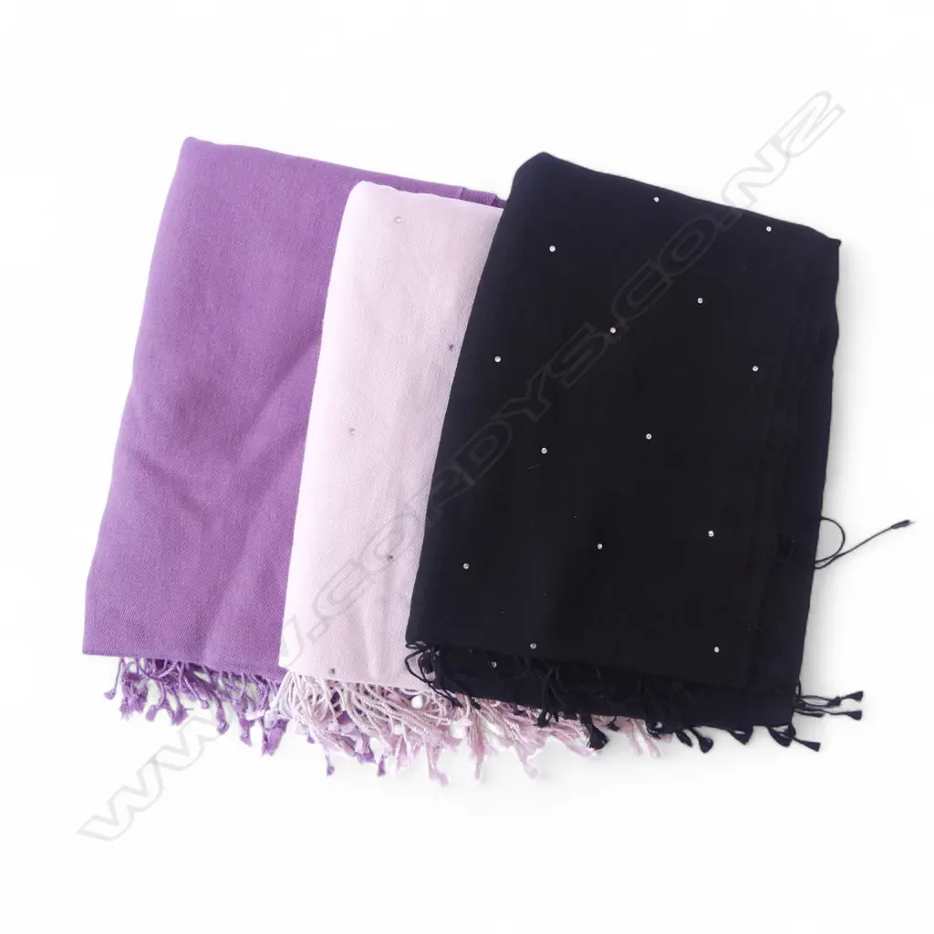3 WOOL PASHMINAS, MAUVE, PINK & BLACK Image 1++