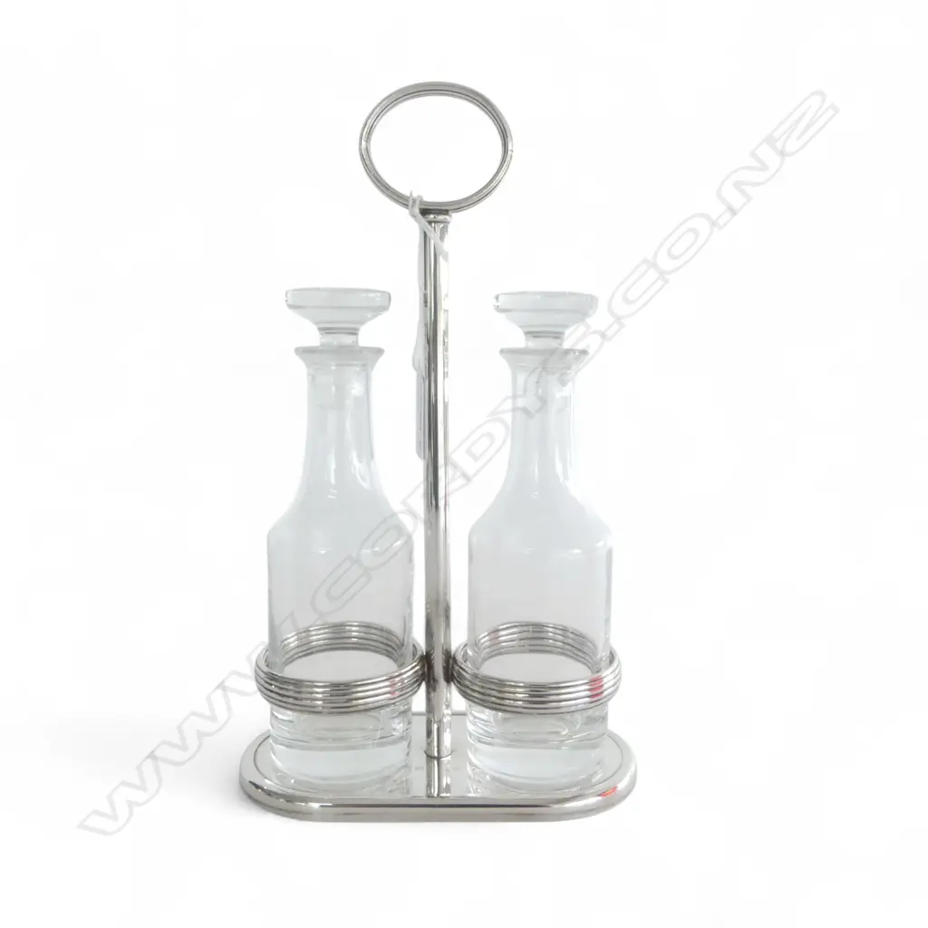 FRENCH CHRISTOFLE SILVER PLATE 2 BOTTLE CRUET SET in stand H.255mm Image 1++