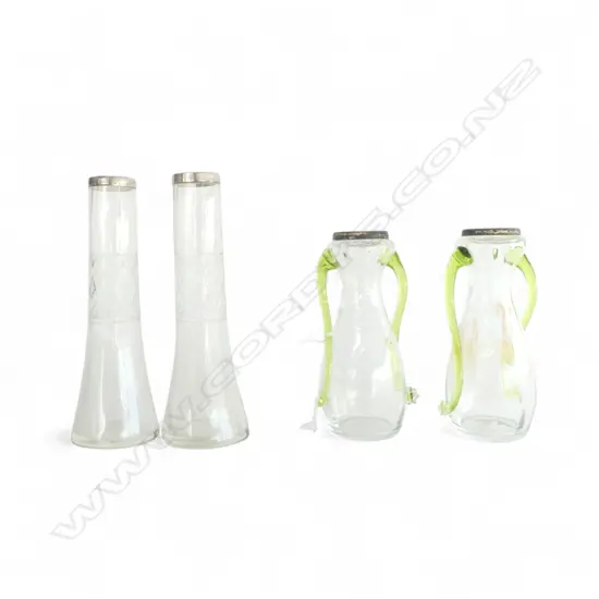 2 PRS S/SILVER TOPPED EDWARDIAN GLASS VASES H200 &160MM