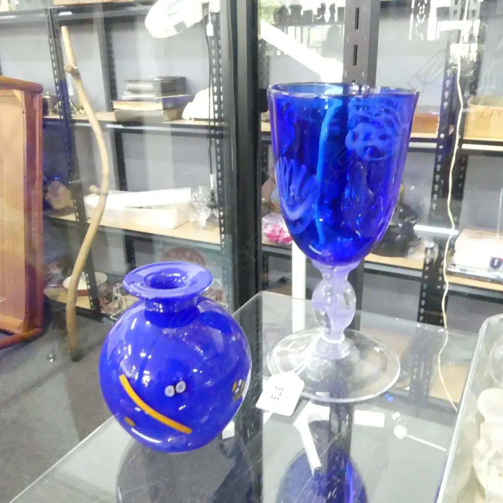 PETER RAOS ART GLASS GOBLET H.190 & VASE SIGNED 'VIZ' H.100mm Image 1++