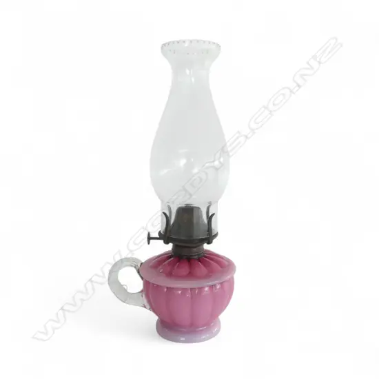 PINK GLASS HAND HELD EDWARDIAN KERO LAMP H310MM