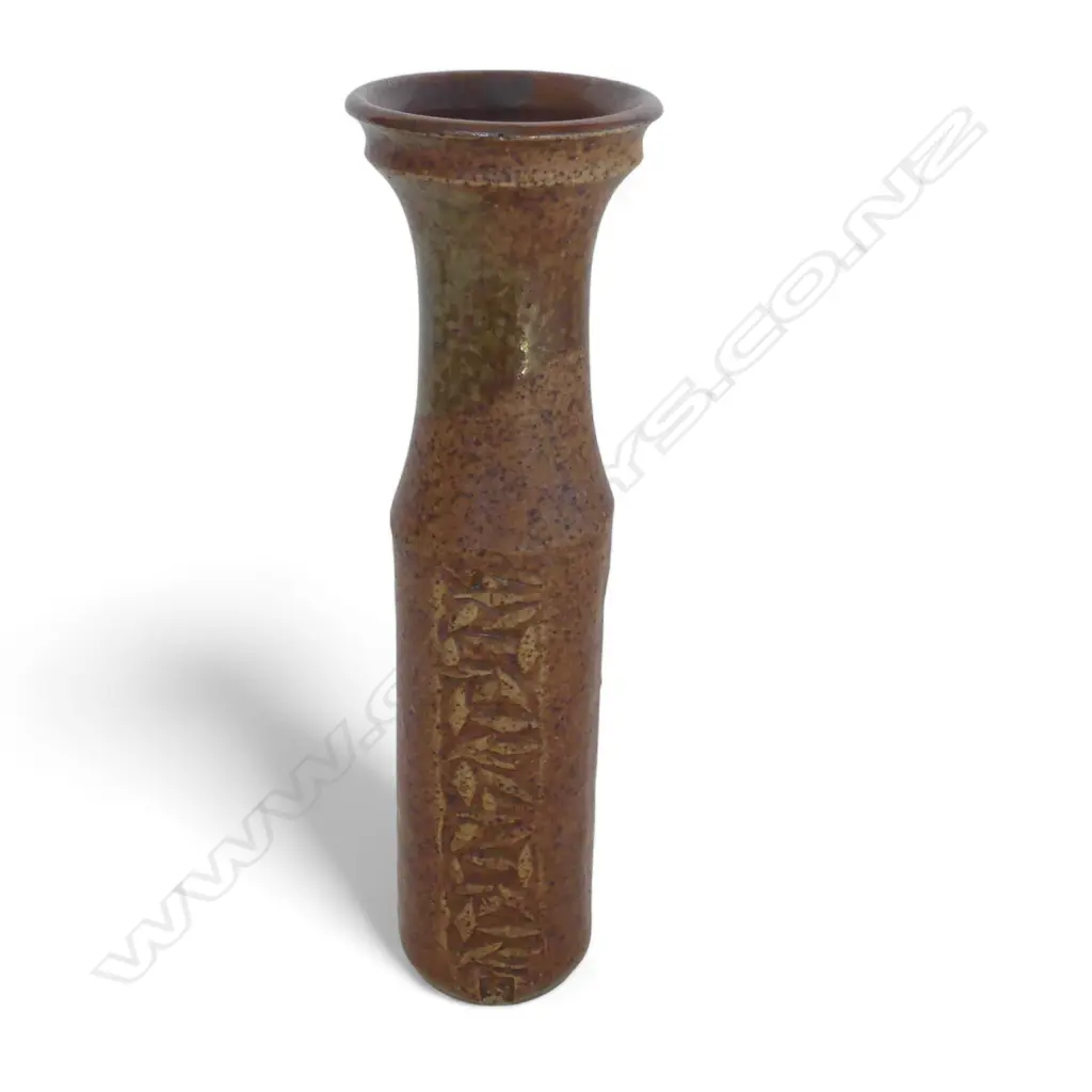 GRAEME STORM POTTERY NARROW TALL VASE C.1970 patterned vertical bands. H.240mm Image 1++