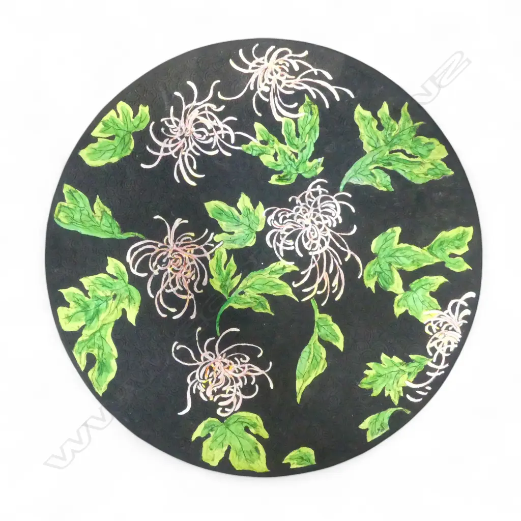 KEUM SUN LEE WIDE DISH w hand painted chrysanthemum, decorative only - not suitable for food Image 1++