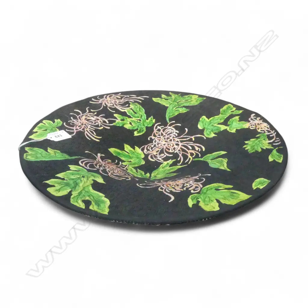KEUM SUN LEE WIDE DISH w hand painted chrysanthemum, decorative only - not suitable for food Image 1++