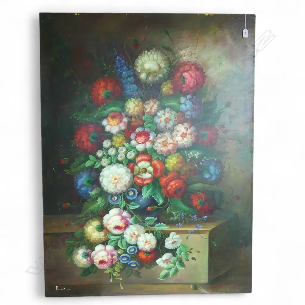 SIGNED INDISTINCTLY DUTCH STYLE FLORAL STILL LIFE OIL ON BOARD (U/F) 1220 X 910 mm Image 1++