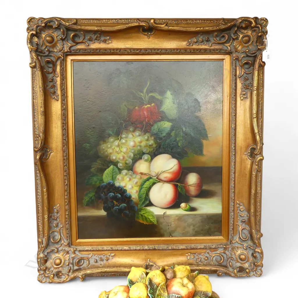 ANTIQUE STYLE FRUIT STILL LIFE, OIL ON CANVAS 600x500mm Image 1++