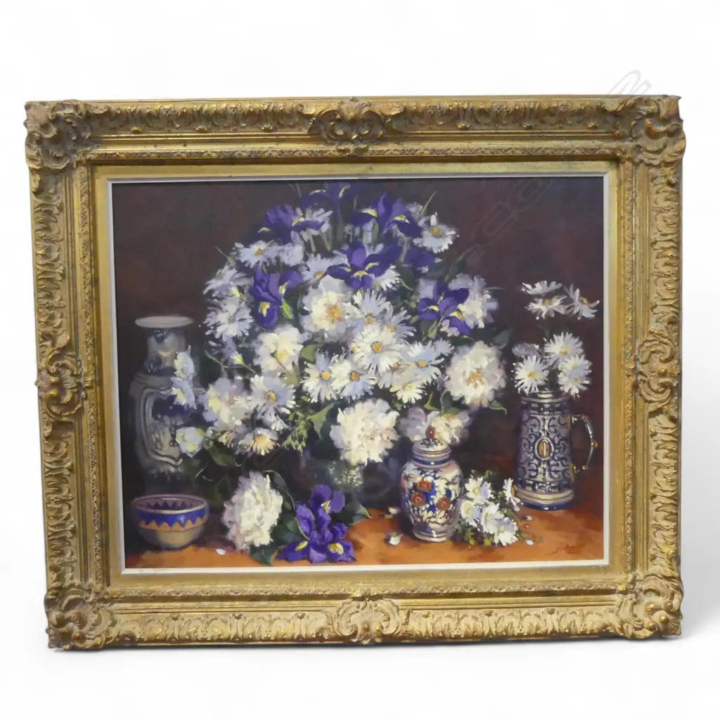 ISOBEL MCBEATH (b. NZ 1939) FLORAL STILL LIFE 'STUDY IN BLUE & WHITE' ACRYLIC ON CANVAS 1997 590x740mm Image 1++