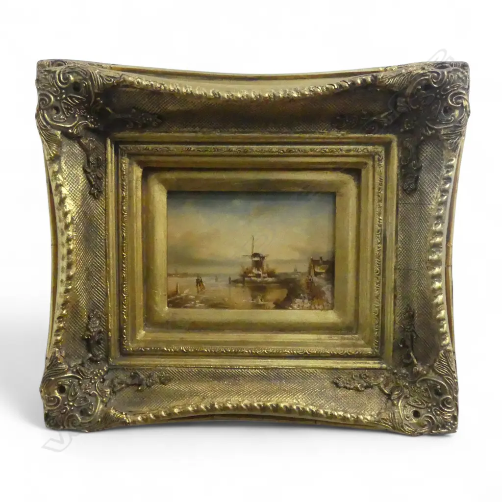H WOODS 20TH CENTURY, DUTCH STYLE WINTER LANDSCAPE OIL ON BOARD SIGNED HOUSED IN ORNATE GOLD FRAME 125 X 165 MM Image 1++