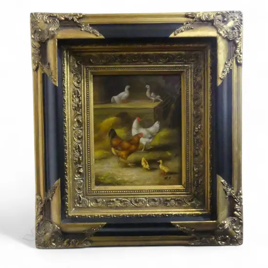 INITIALLED R.T 20TH CENTURY BARNYARD SCENE OIL ON BOARD IN ORNATE FRAME 240 X 190 MM