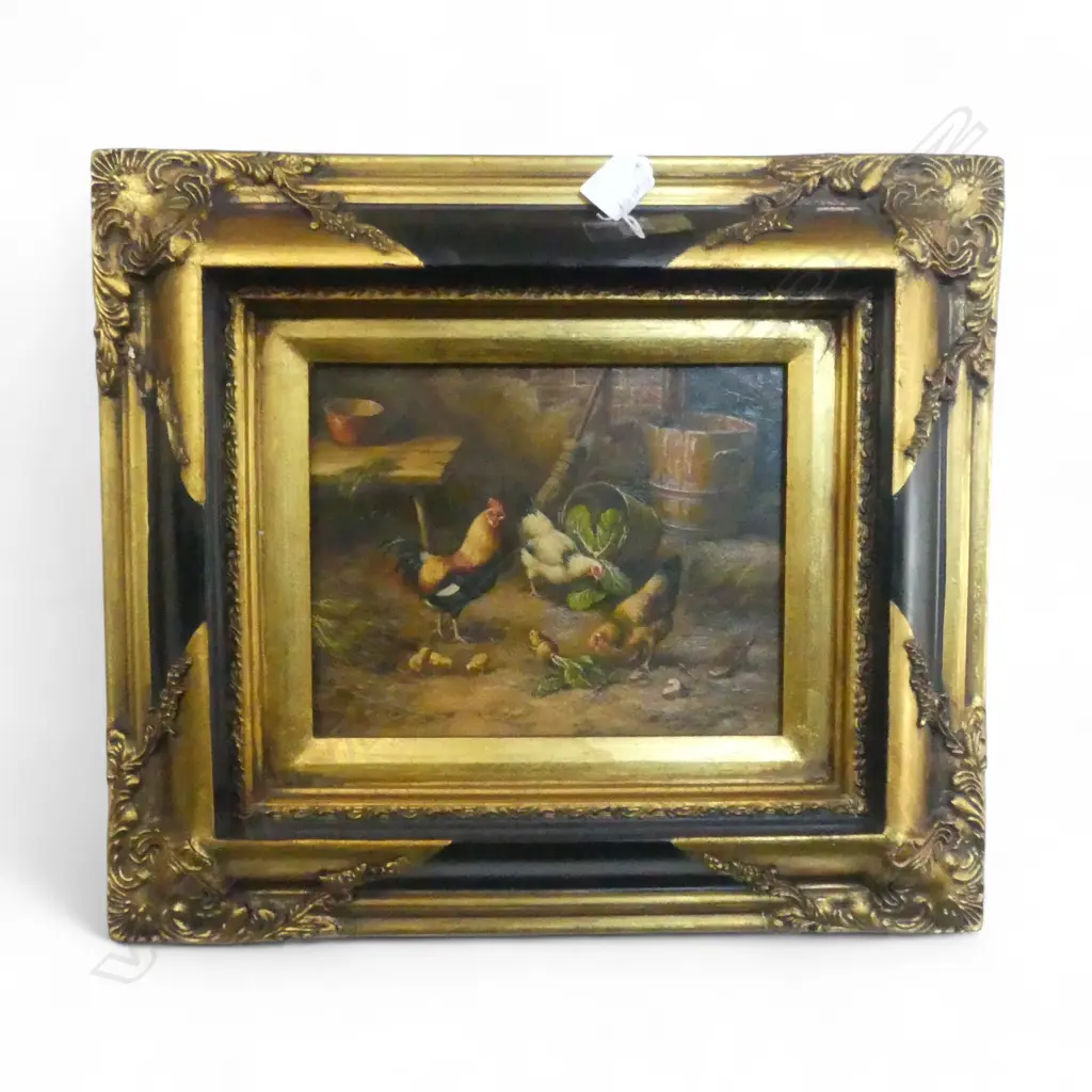 20TH CENTURY ARTIST UNKNOWN CHICKENS AND PIGEONS IN A BARN OIL ON BOARD 190 X 220 MM Image 1++