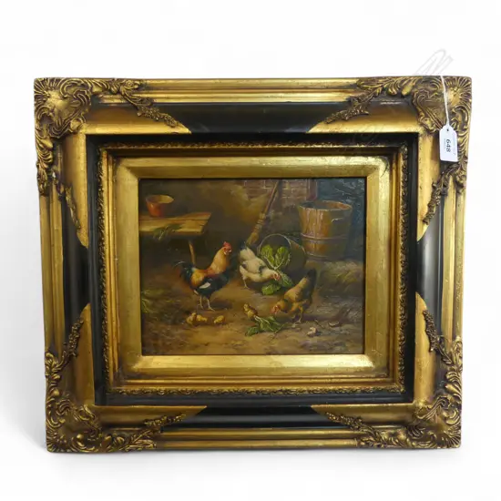 20TH CENTURY ARTIST UNKNOWN CHICKENS IN A BARN OIL ON BOARD IN DECORATIVE FRAME 190 X 240MM