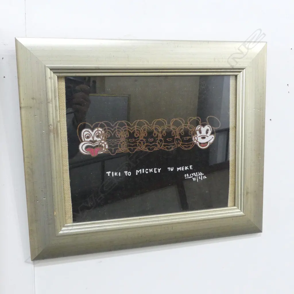 FRIZZELL 'TIKI TO MICKEY TU MEKE' PRINT on HESSIAN, H.260 x 340mm Image 1++