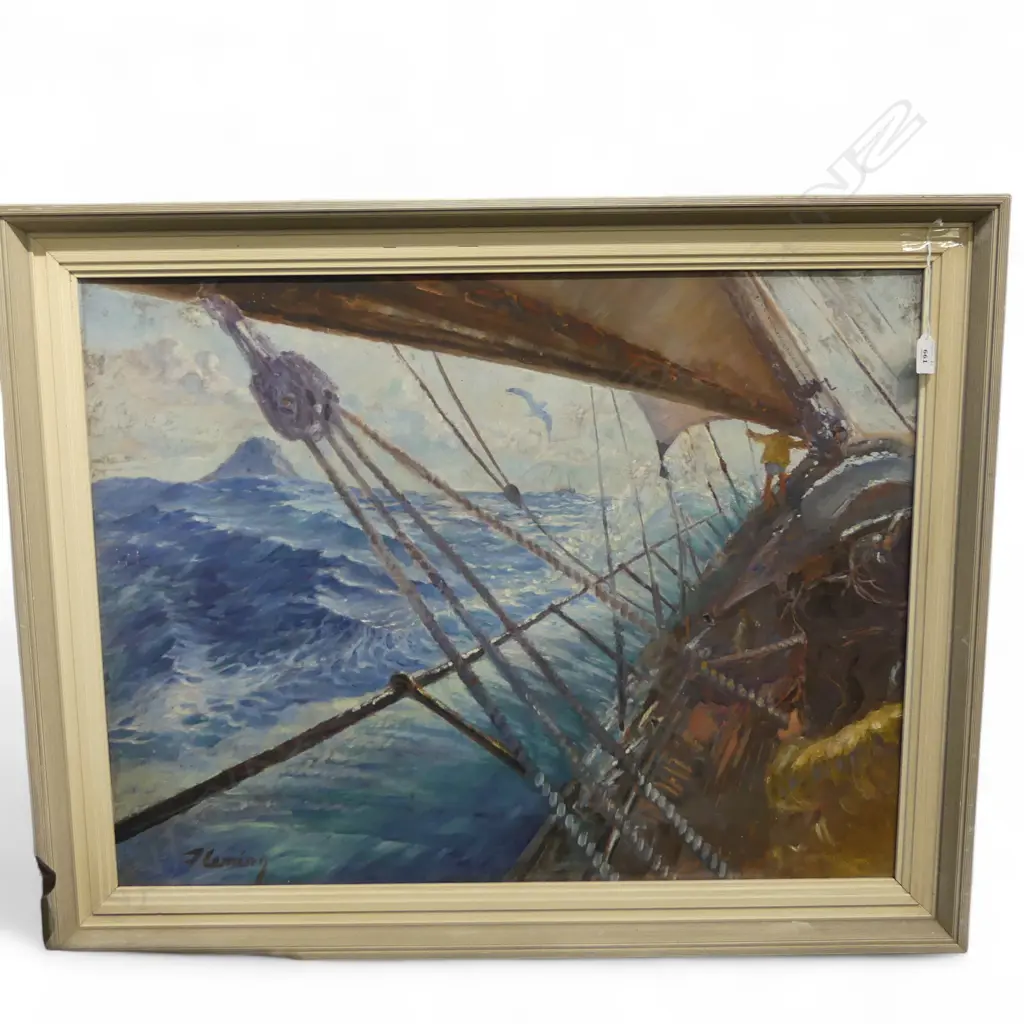 SIGNED FLEMING STORMY SEAS OIL ON BOARD SIGNED 590 X 670 MM Image 1++