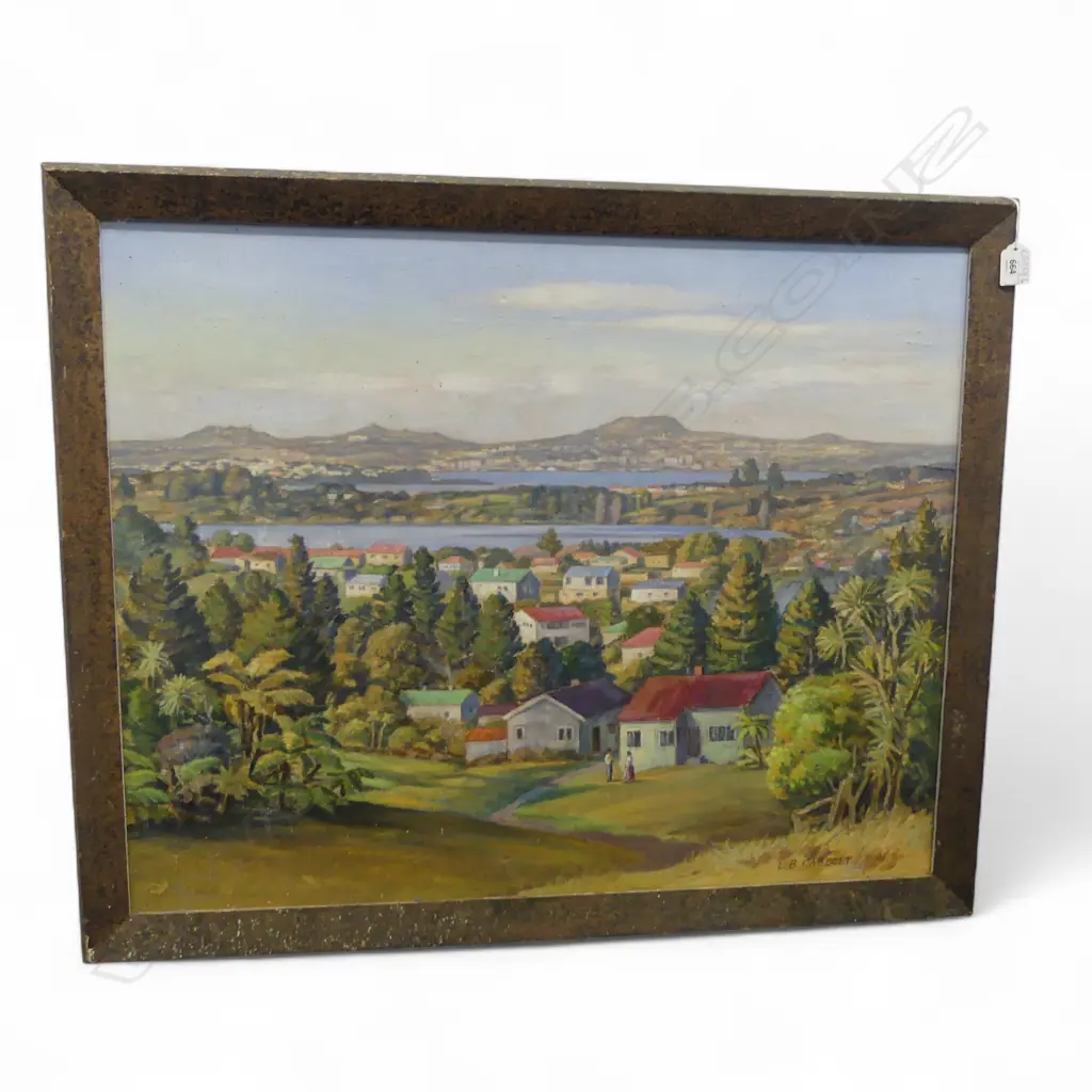 LOUISE B. CASBOLT 'WINTER SUNSHINE, AUCKLAND FROM CROWN HILL MILFORD' OIL ON BOARD '58 590x740mm Image 1++