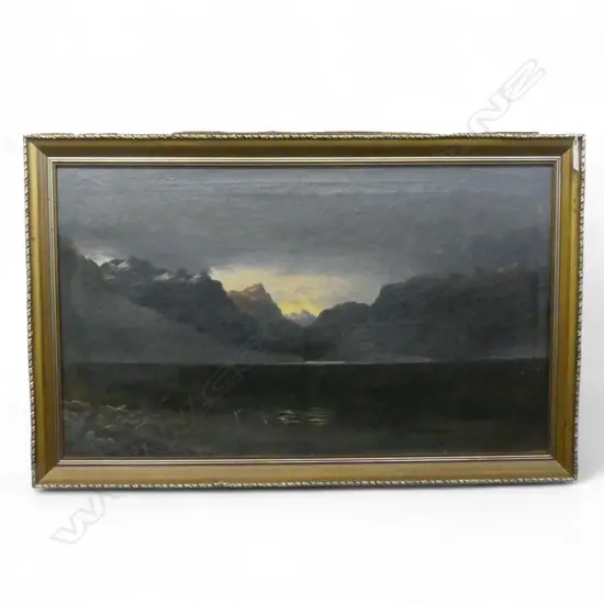 J D PERRETT SUNSET LAKE AND MOUNTAINS OIL ON CANVAS SIGNED 450 X 750 MM 