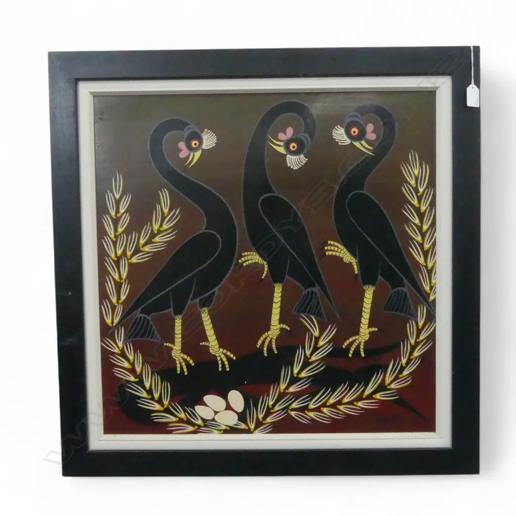 SIGNED JAFARY 3 AFRICAN BLACK BIRDS ENAMEL ON BOARD ARTWORK  1977 575x570mm Image 1++