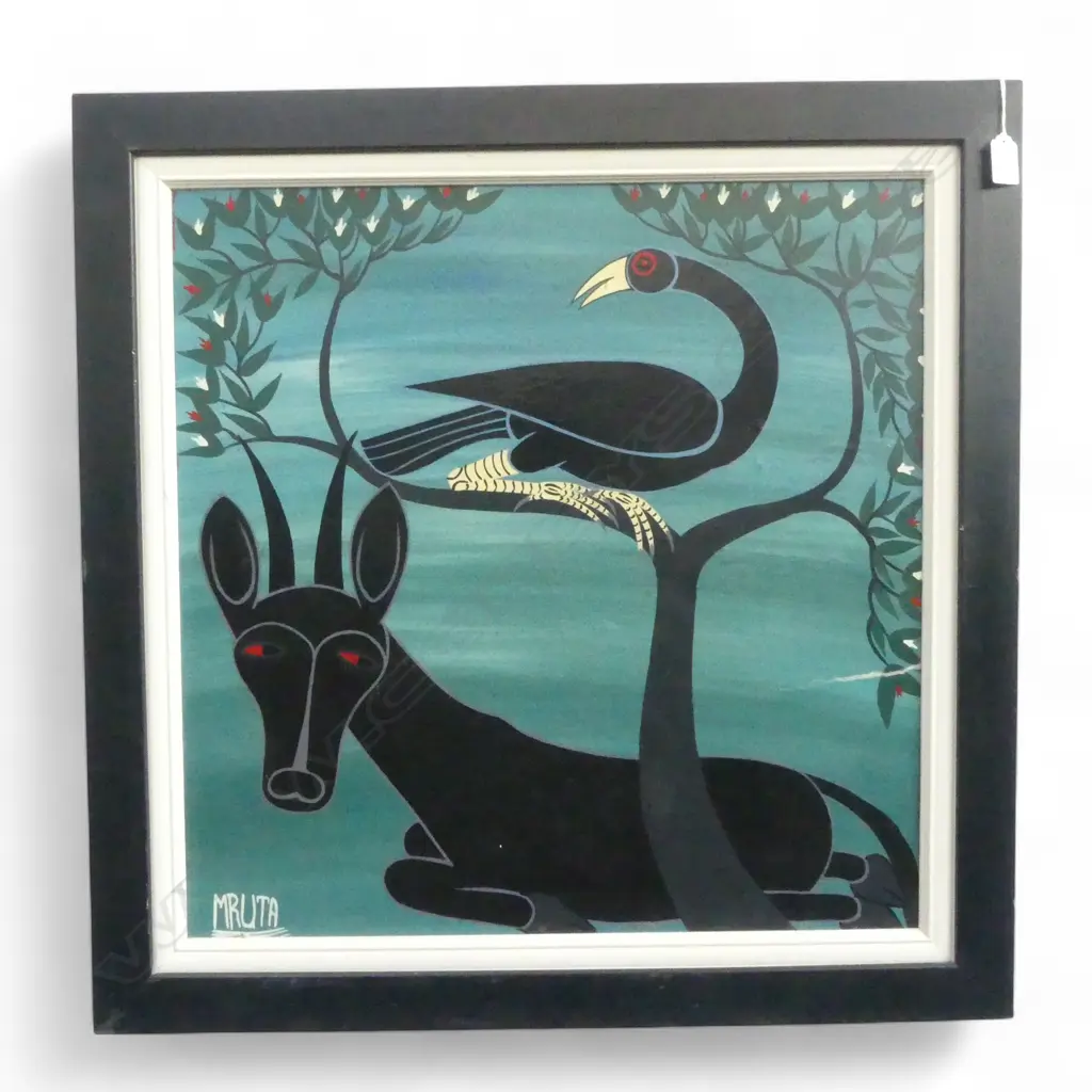 SIGNED MRUTA  AFRICAN ANIMALS ENAMEL ON BOARD ARTWORK 575x570mm small crack repair Image 1++