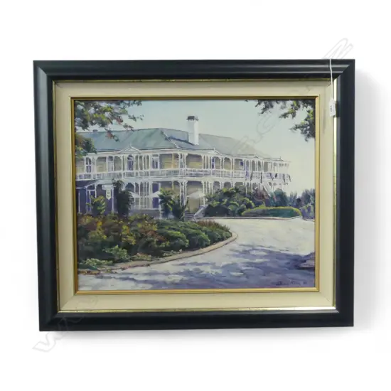 DENIS KING 'THE GRAND OLD LADY OF PRINCES GATE' 2001 OIL ON CANVAS BOARD SIGNED AND DATED 390 X 490 MM